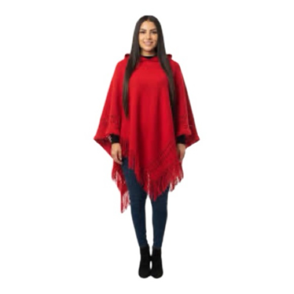 Fernand  Red Women's Hooded Poncho Fringe Trim Chic Knit Size OS Classic